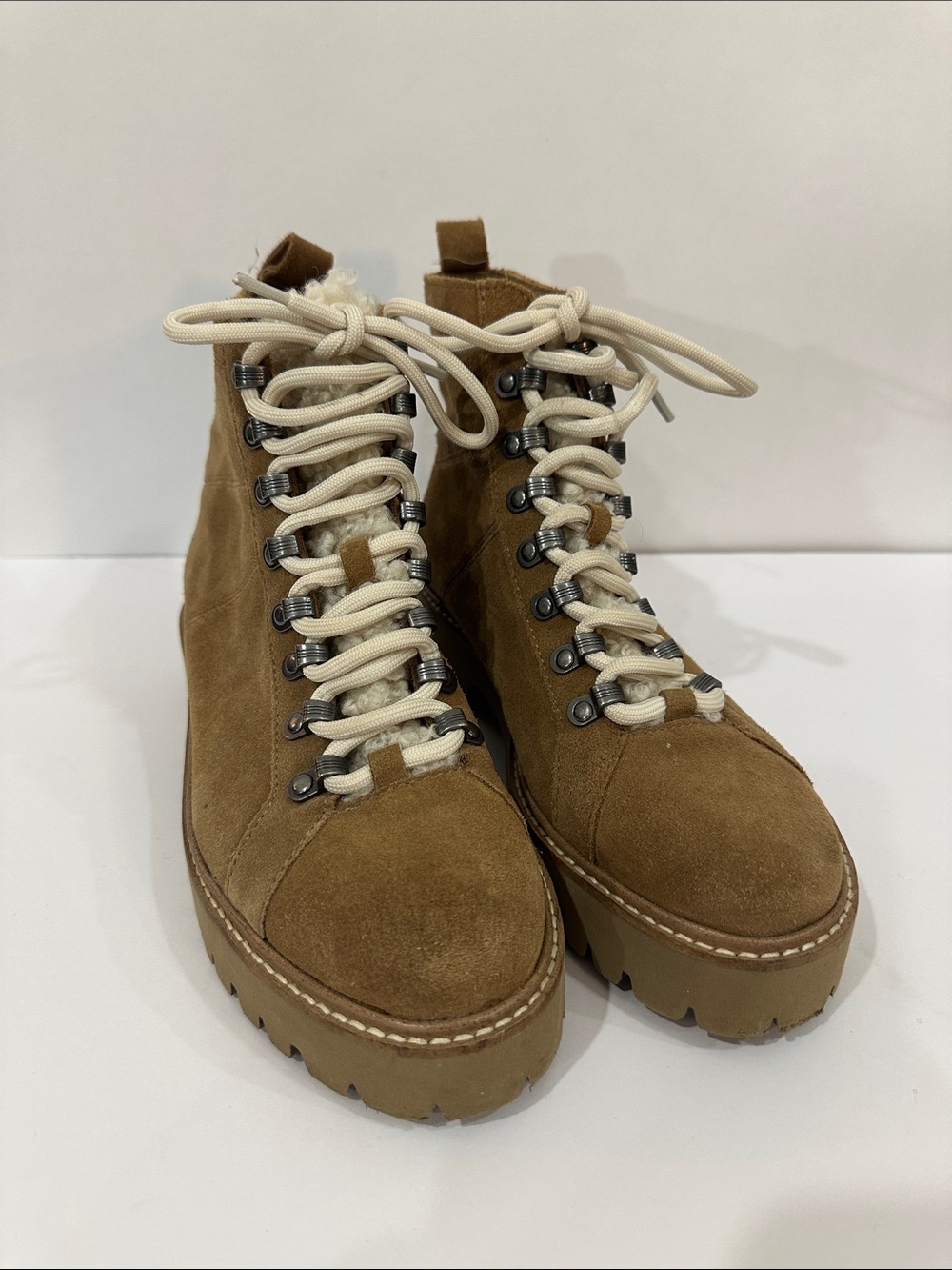 Splendid Brown Suede Lace-Up Platform Boots with Teddy/Sherpa Tongue, Size 6.5